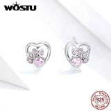 925 Sterling Silver Paw Dog Footprint & Pink Stud Earrings Wedding Jewelry