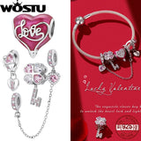 925 Silver Heart Clover Lock Key Charms Zircon Safety Chain for Women
