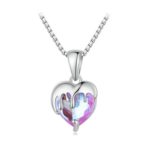 925 Silver Punk Heart Pendant Necklace Rainbow Crystal Heart Chain