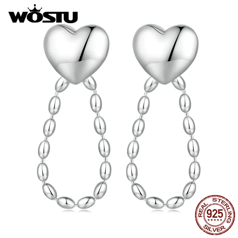 925 Silver Heart Tassel Earrings Chain Ear Hoop for Women Kids