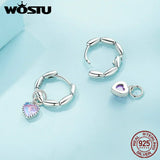 925 Silver Love&Rice Ear Clips Pink-purple Glass Pendant Hoop Women