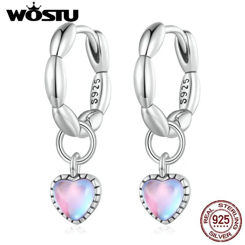 925 Silver Love&Rice Ear Clips Pink-purple Glass Pendant Hoop Women