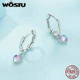 925 Silver Love&Rice Ear Clips Pink-purple Glass Pendant Hoop Women