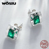 925 Sterling Silver Square Green Zircon Ear Studs for Women