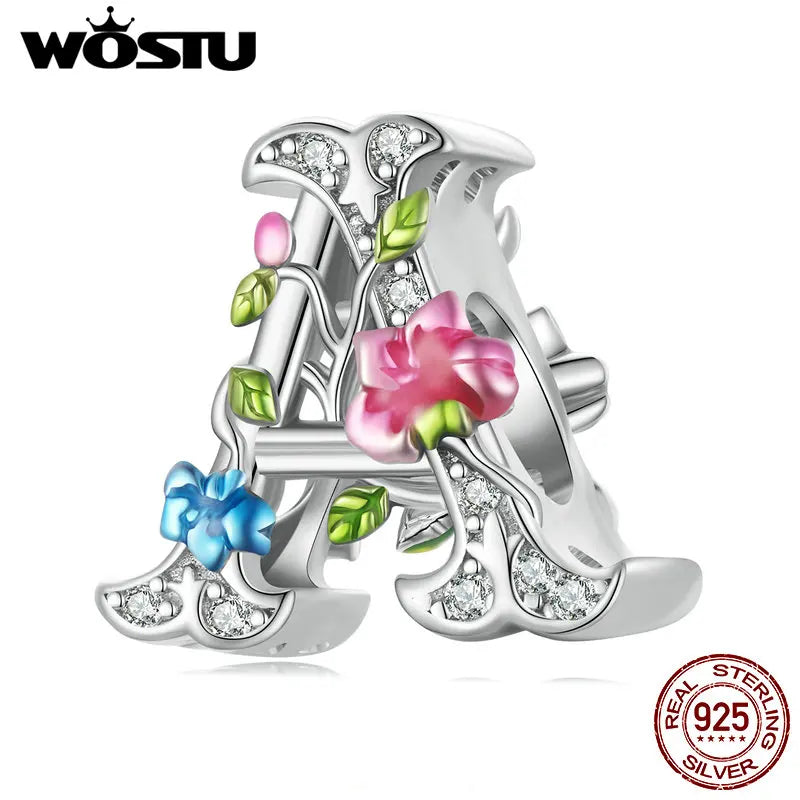 925 Silver A Letter Flower Charms Rainbow Beads Bracelet Bangle