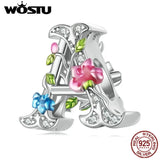 925 Silver A Letter Flower Charms Rainbow Beads Bracelet Bangle