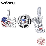 Sterling Silver American Charm Girl & Heart Flag Eagle Bead Pendant