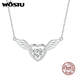 Angel Wings Heart Pendant Necklace Crystal Charms Girl Neck Chain