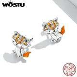 925 Silver Orange Fox Ear Stud Earrings Women Party Jewelry CQE1373