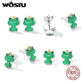 925 Silver Green Frog Stud Earrings Women Party Jewelry