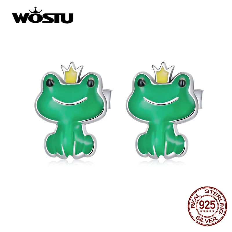 925 Silver Green Frog Stud Earrings Women Party Jewelry