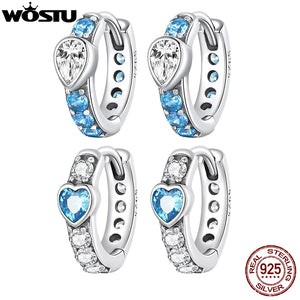 925 Silver Aqua Zircon Heart Hoop Earrings Women Engagement Jewelry