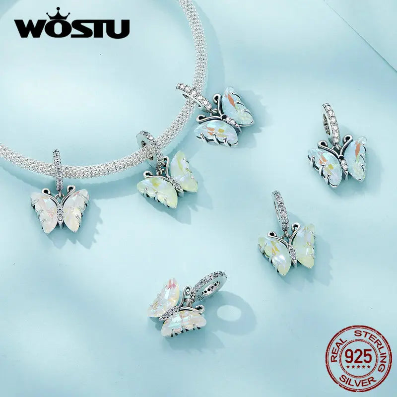 925 Silver Butterfly Hanging Bead Colorful Resin Women Bracelet Necklace