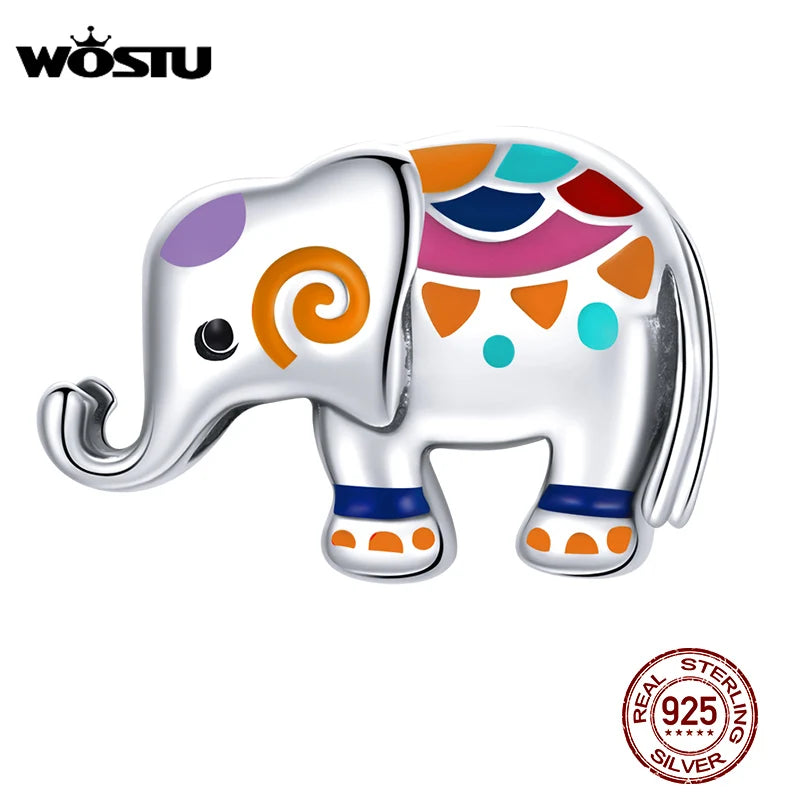925 Sterling Silver Bead Colorful Elephant Charm Enamel Animal Pendant