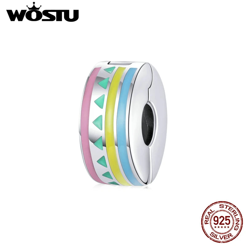 925 Silver Bead Charm Colorful Round Clip Pendant DIY Jewelry