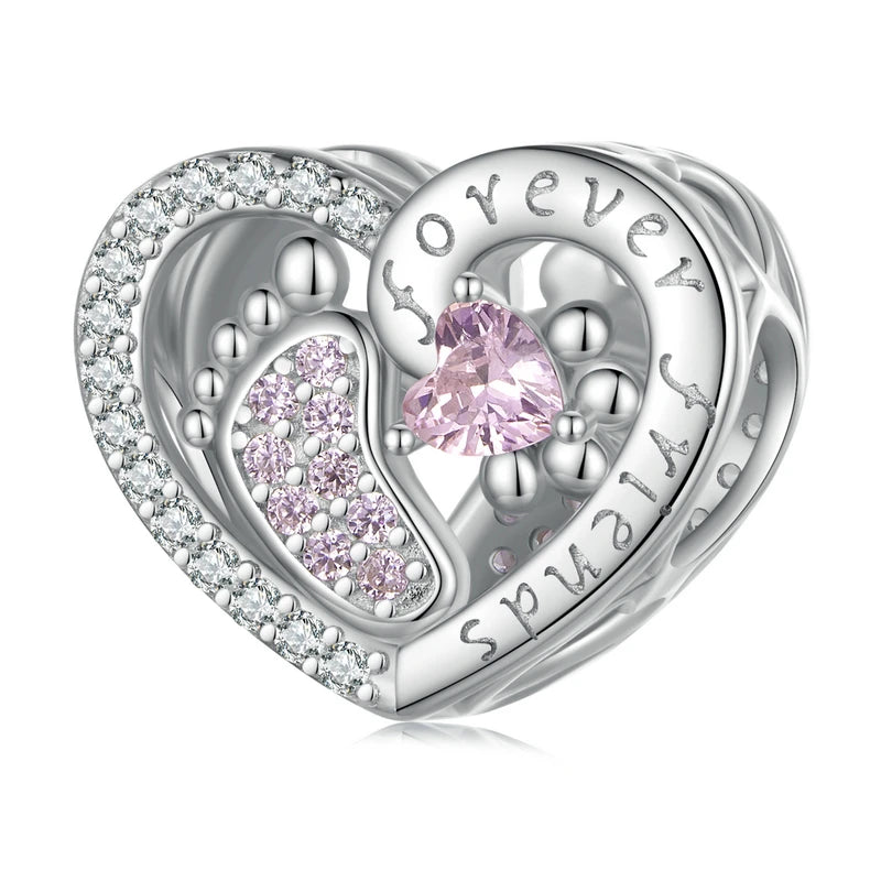 925 Sterling Silver Pink Pet Paw Heart Charm Bead