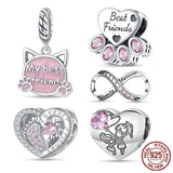 925 Sterling Silver Pink Pet Paw Heart Charm Bead