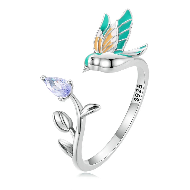 925 Silver Bird Flower Lily Valley Open Ring Fine Jewelry Gift
