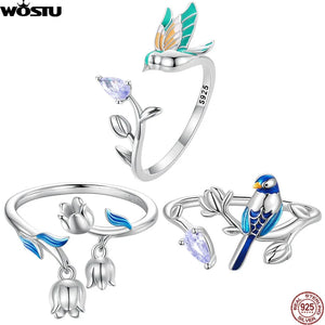 925 Silver Bird Flower Lily Valley Open Ring Fine Jewelry Gift
