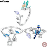 925 Silver Bird Flower Lily Valley Open Ring Fine Jewelry Gift