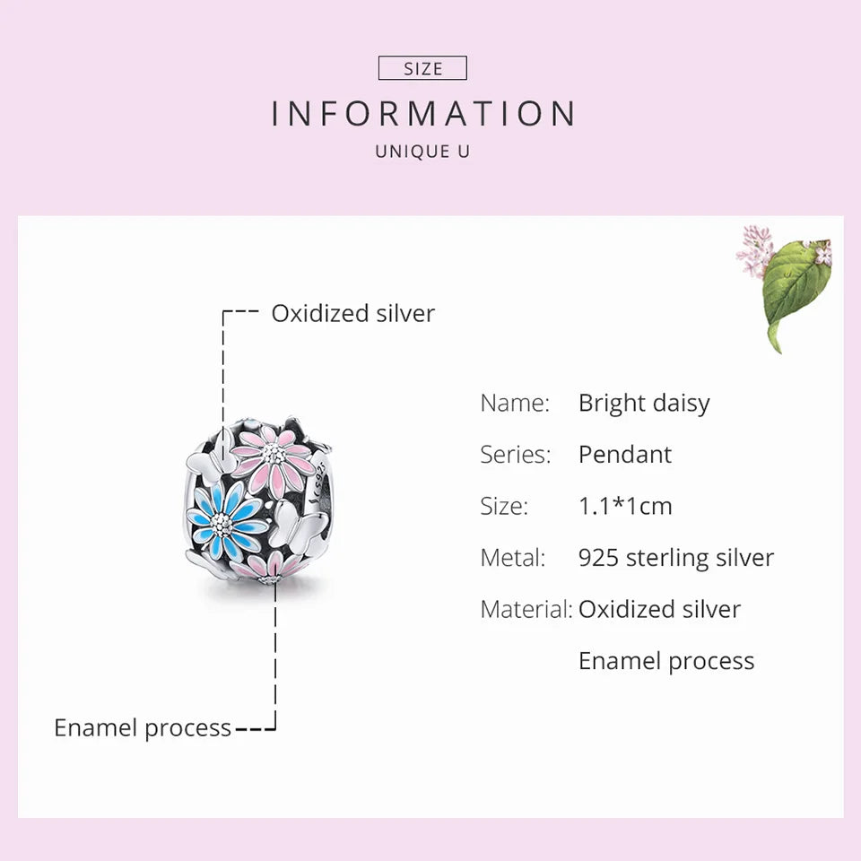925 Silver Daisy Charm Enamel Pendant for DIY Jewelry