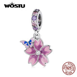 925 Silver Butterfly Pink Purple Flower Charm Bead Pendant