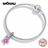 925 Silver Butterfly Pink Purple Flower Charm Bead Pendant