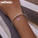 925 Silver Butterfly Pink Purple Flower Charm Bead Pendant