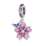 925 Silver Butterfly Pink Purple Flower Charm Bead Pendant