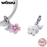 925 Silver Butterfly Pink Purple Flower Charm Bead Pendant