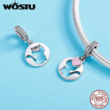 925 Silver Cat Dangle Charms Pink Heart CZ Bead Women Bracelet Bangle
