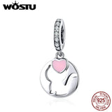 925 Silver Cat Dangle Charms Pink Heart CZ Bead Women Bracelet Bangle