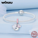 925 Sterling Silver Cat Hanging Bead with Heart-Shaped Pink Glass