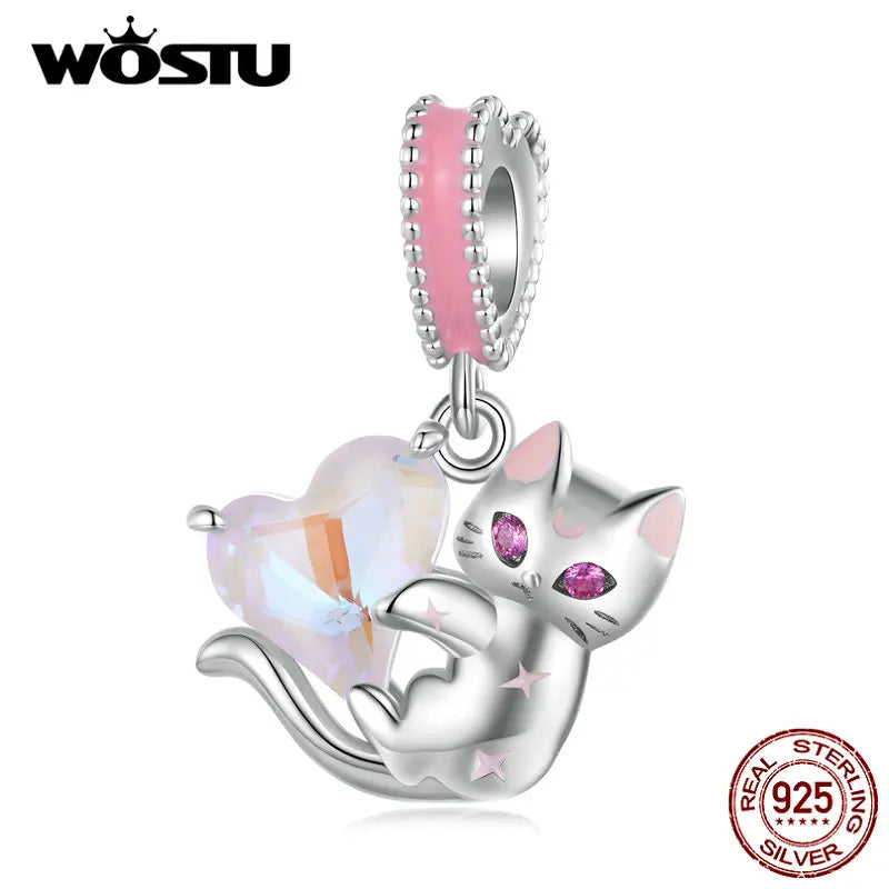 925 Sterling Silver Cat Hanging Bead with Heart-Shaped Pink Glass