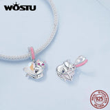 925 Sterling Silver Cat Hanging Bead with Heart-Shaped Pink Glass