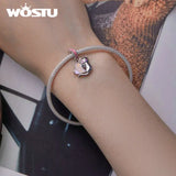 925 Sterling Silver Cat Hanging Bead with Heart-Shaped Pink Glass