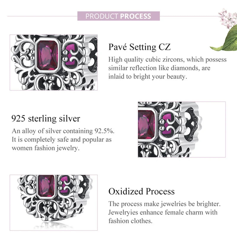 925 Silver Charm Bead Vintage Pattern Zircon Bracelet DIY