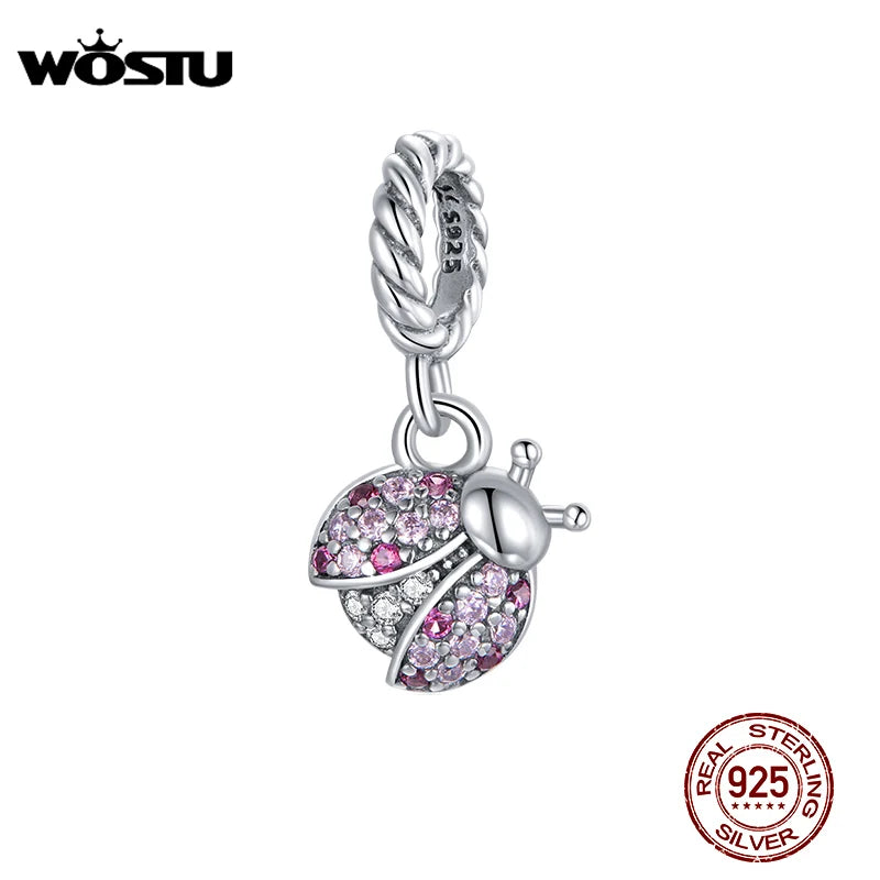 925 Silver Pink Ladybug Charm Pendant for Bracelet