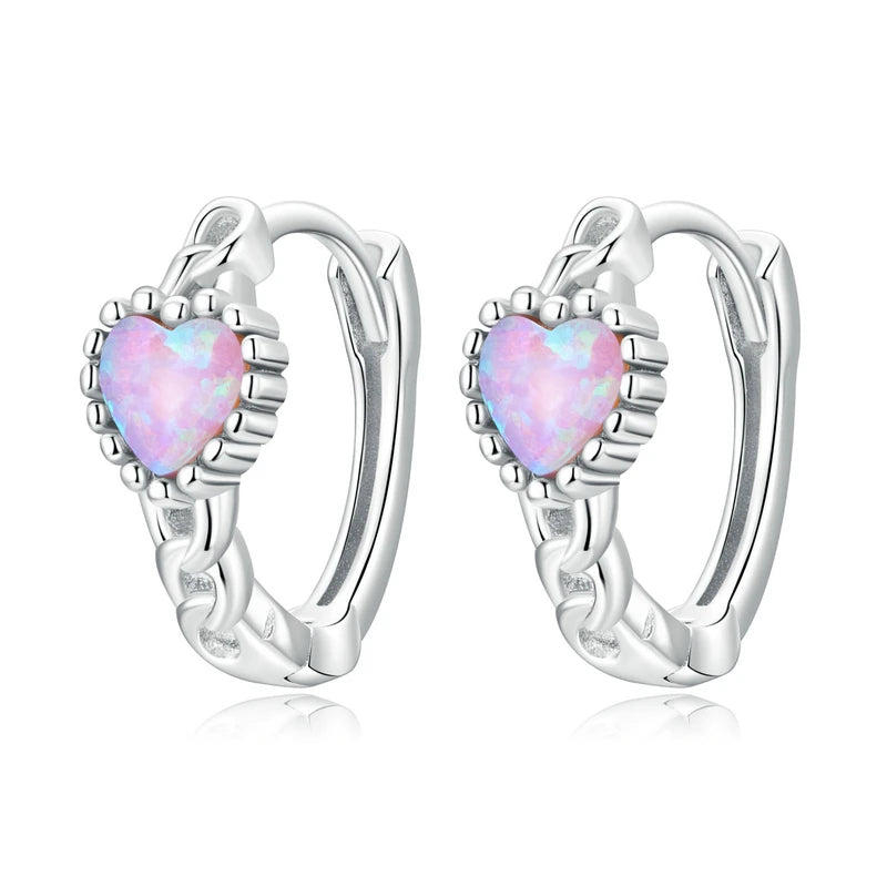 925 Silver Pink Opal Hoop Earrings & Clover Studs Set With CZ