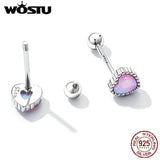 925 Silver Heart Pink Opal Stud Earrings Vintage Ear Studs Jewelry