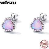 925 Silver Heart Pink Opal Stud Earrings Vintage Ear Studs Jewelry
