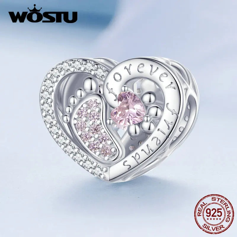 925 Silver Claw Print Bead Pink Zircon Women Bracelet Necklace Jewelry