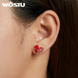 925 Silver Cobweb Love Stud Earrings Red Enamel Ear Buckles