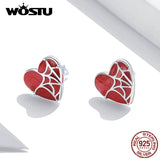 925 Silver Cobweb Love Stud Earrings Red Enamel Ear Buckles