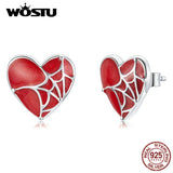 925 Silver Cobweb Love Stud Earrings Red Enamel Ear Buckles
