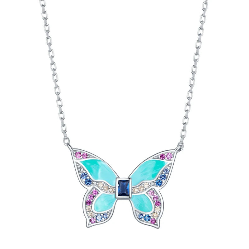 925 Sterling Silver Colorful Butterfly Charm Necklace Spring Jewelry Gift