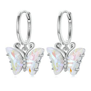 925 Silver Butterfly Dangle Earrings Rainbow Crystal Insect Ear Clips