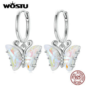 925 Silver Butterfly Dangle Earrings Rainbow Crystal Insect Ear Clips