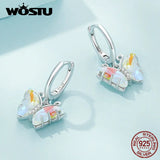 925 Silver Butterfly Dangle Earrings Rainbow Crystal Insect Ear Clips
