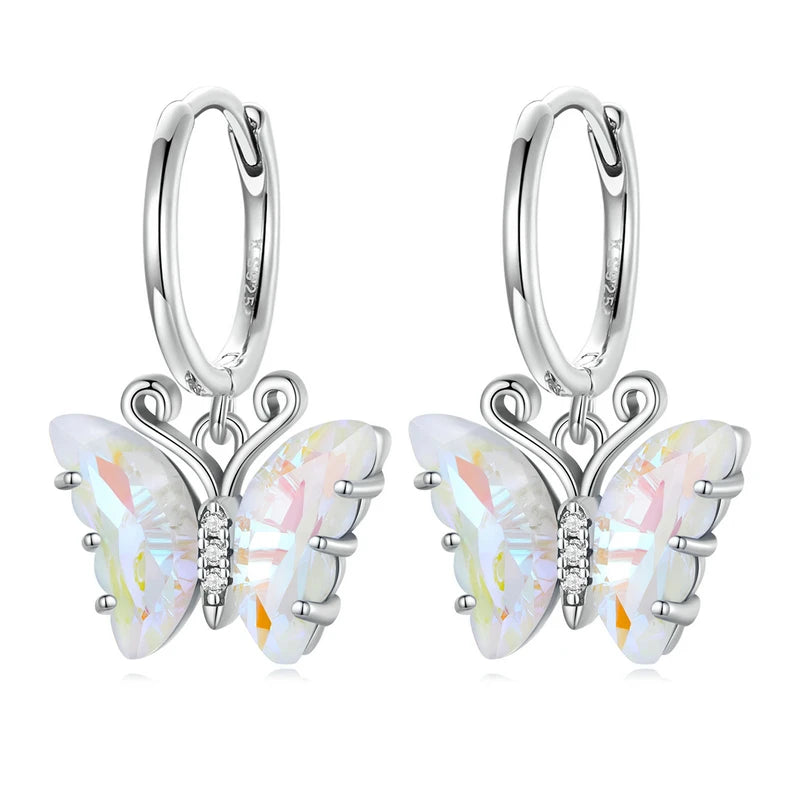 925 Silver Butterfly Dangle Earrings Rainbow Crystal Insect Ear Clips